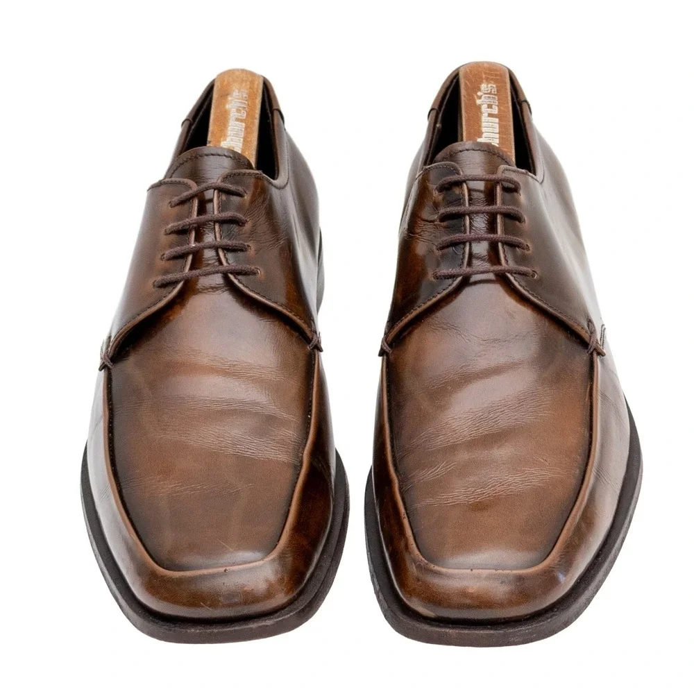 PRADA Brown Polished Leather Square Toe Derby Dress Shoes US‎ 8 UK 7
